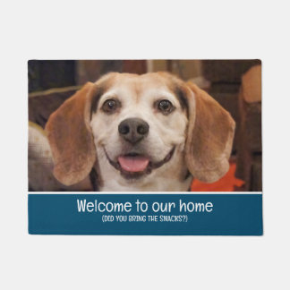 Funny Dog Photo Welcome Did You Bring Snacks Blue Doormat