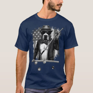 Funny Dog Playing Pool Billiard American Flag Blac T-Shirt