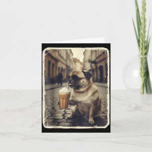 Funny dog pug drinking iced coffee animal meme men card