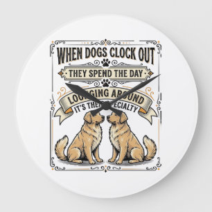 Funny Dog Quote Vintage Engraving Lounging Pups Sh Large Clock