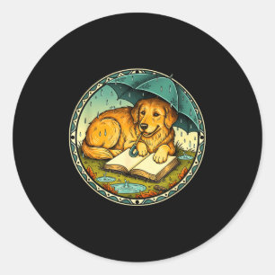 Funny Dog Reading Book Rain Cozy Umbrella Cute Art Classic Round Sticker