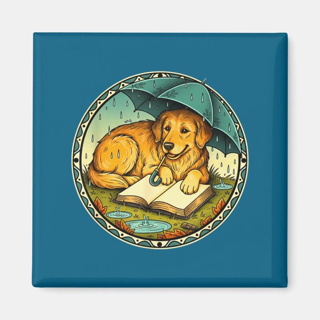 Funny Dog Reading Book Rain Cozy Umbrella Cute Art Magnet (Front)