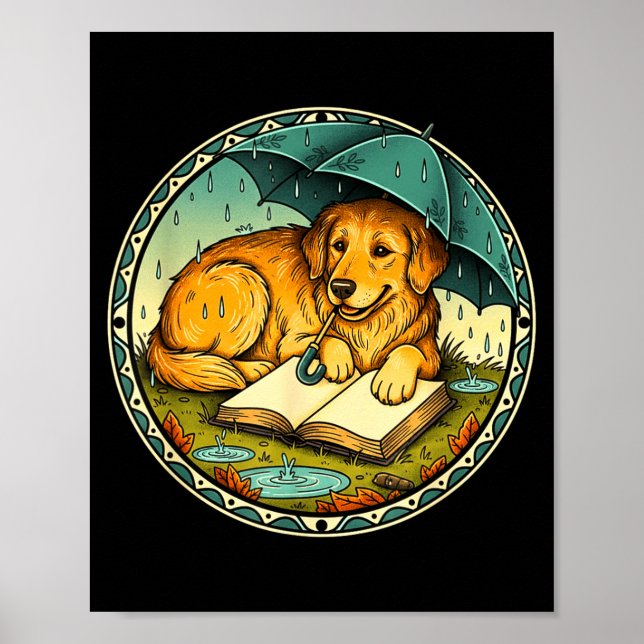 Funny Dog Reading Book Rain Cozy Umbrella Cute Art Poster (Front)