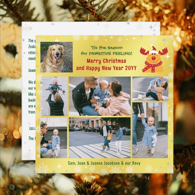 Funny Dog Rudolph Merry Christmas Golden 7 Photos Holiday Card (Elegant Golden Cute Funny Pawsitive Vibes Rudolph Pet Dog Merry Christmas Happy New Year 7 Photos)