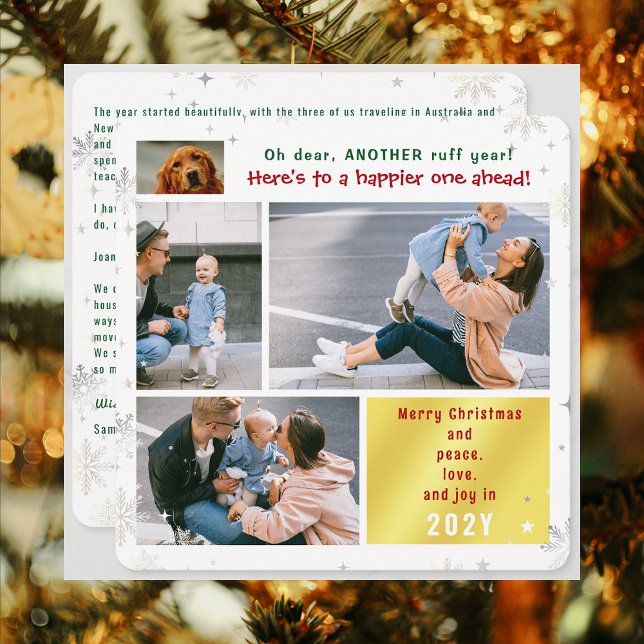 Funny Dog Ruff Year Peace Love Joy 4 Photos Golden Holiday Card (Funny Dog Oh Dear Another Ruff Year 4 Photos Merry Christmas Peace Love Joy Cute Snow Elegant Modern)