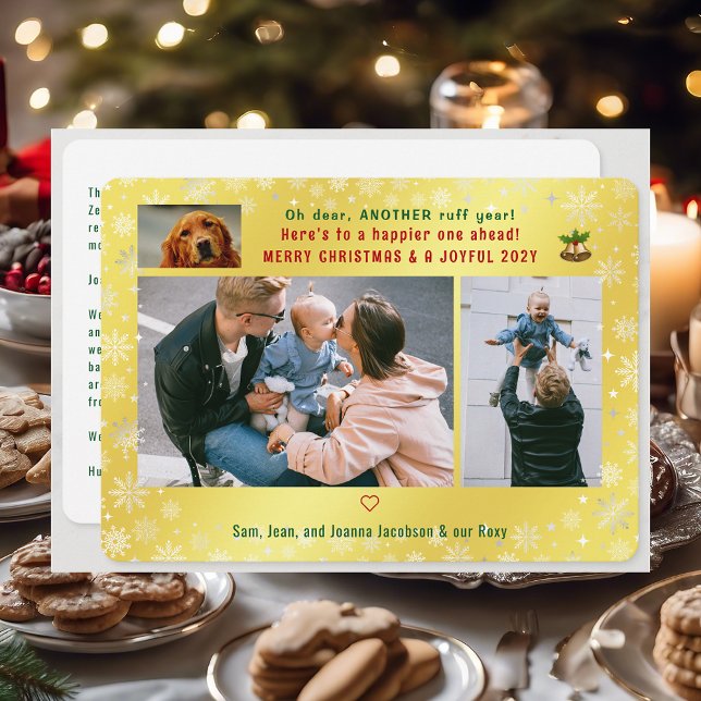 Funny Dog Ruff Year Photos Merry Christmas Golden Holiday Card (Cute Funny Modern Oh Dear Ruff Year Dog Snow Merry Christmas Joyful New Year 3 Photos Letter Golden)
