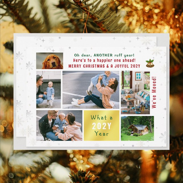 Funny Dog Ruff Year We've Moved New Home 6 Photos  Holiday Card (Funny Pet Dog Another Ruff Year Christmas New Year Card We've Moved 6 Photos Elegant Cute Modern)