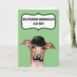 Funny dog to father friend another year birthday card<br><div class="desc">A fun and eye-catching design of an Italian Greyhound dog wearing a black British bowler hat and sporty mustache is set against a background color of your choice that has a scallop edge speech bubble with the words, blistering barnacles old boy! The inside reads, you made it to another year....</div>