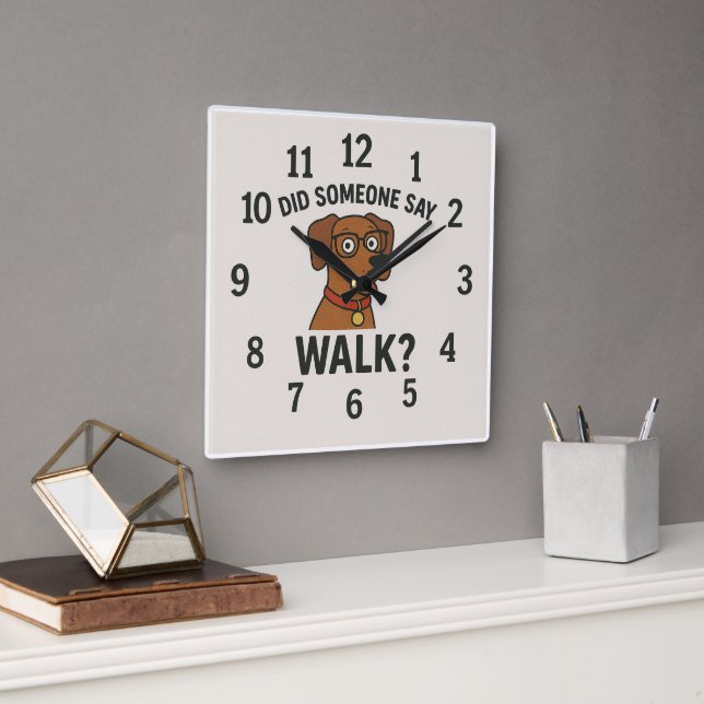 Funny Dog "Walk?" Cartoon Square Wall Clock (Office)