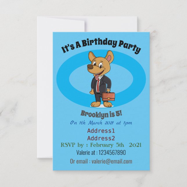 Funny dog wearing business suit cartoon invitation (Front)