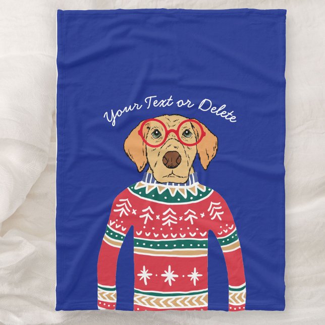 Funny Dog Wearing Glasses, Ugly Christmas Sweater Fleece Blanket (Creator Uploaded)