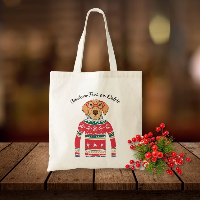 Funny Dog Wearing Glasses, Ugly Christmas Sweater Tote Bag (Creator Uploaded)