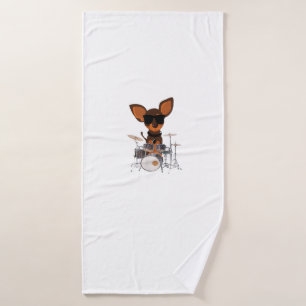 Funny Dog Wearing Sunglasses Playing Drums Drummer Bath Towel