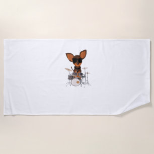 Funny Dog Wearing Sunglasses Playing Drums Drummer Beach Towel