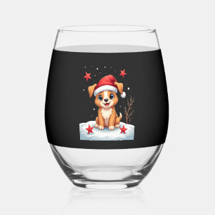 Funny Dog with Christmas Stars for Festive Season Stemless Wine Glass
