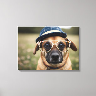 Funny dog with glasses and hat canvas print