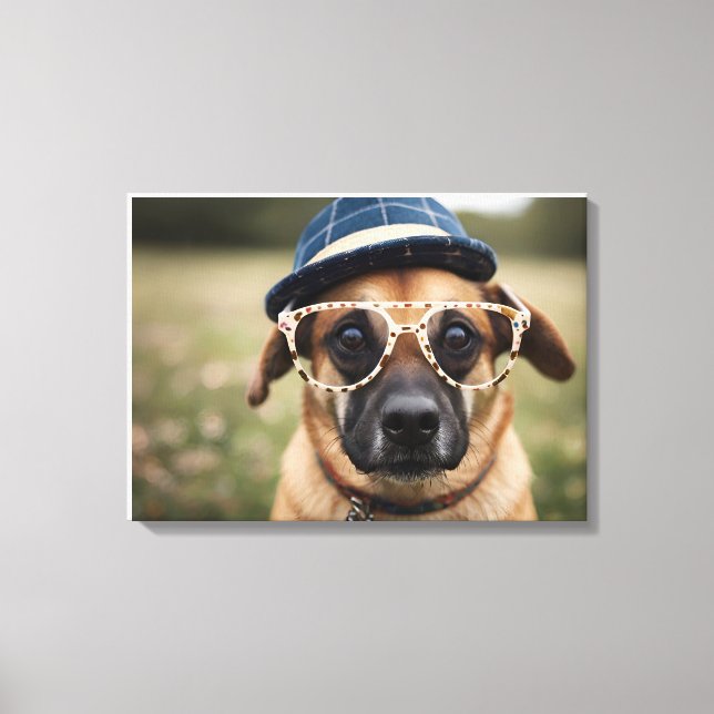 Funny dog with glasses and hat canvas print (Front)