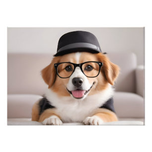 Funny dog with glasses and hat photo print