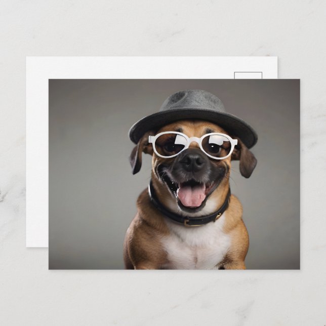 Funny dog with glasses and hat postcard (Front/Back)