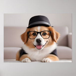 Funny dog with glasses and hat poster