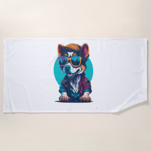 Funny Dog With Sunglasses And Great Haircut Beach Towel