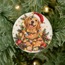 Funny Dog Wrapped in Christmas Lights Ornament 