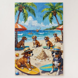 Funny Dogs Beach Party Summer Dog Lover Art Jigsaw Puzzle