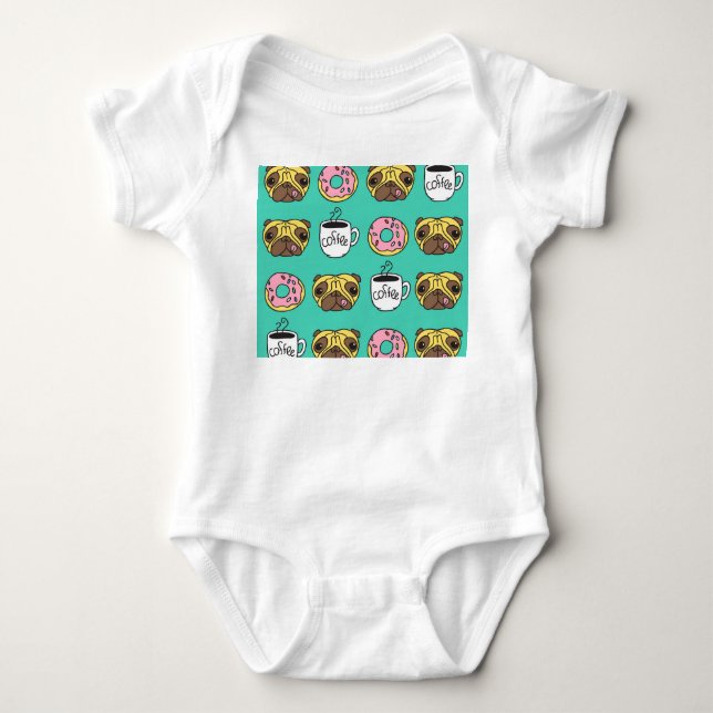 Funny dogs, doughnuts, coffee pattern. baby bodysuit (Front)
