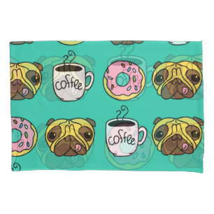 Funny dogs, doughnuts, coffee pattern. pillowcase