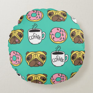Funny dogs, doughnuts, coffee pattern. round cushion
