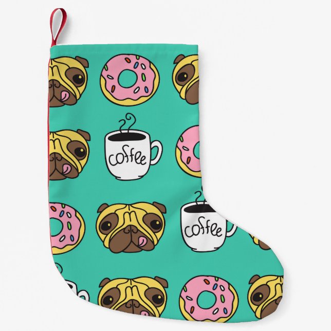 Funny dogs, doughnuts, coffee pattern. small christmas stocking (Front)