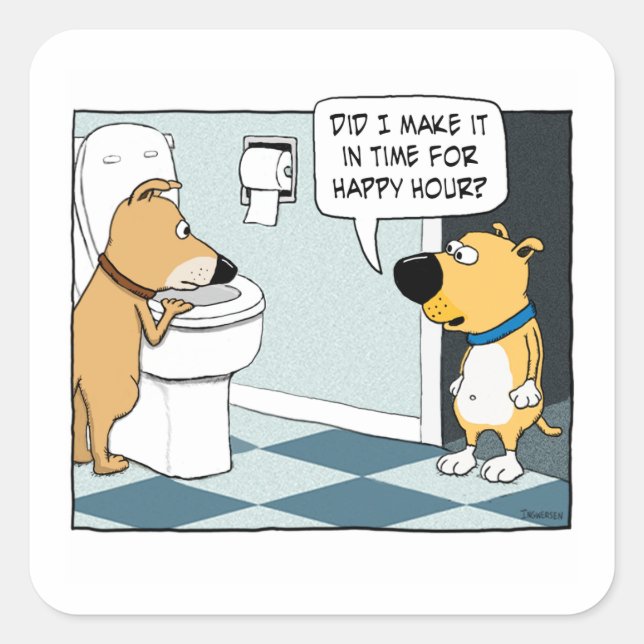 Funny Dogs Happy Hour at Toilet Bowl Square Sticker (Front)