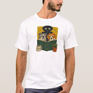 Funny Dogs Reading Book Retro Cartoon T-Shirt
