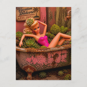Funny Doll in a Bathtub of Plants Fun Garden Art Postcard