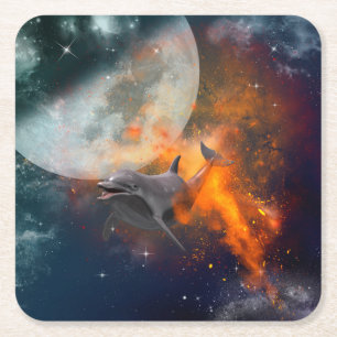 Funny dolphin in the universe square paper coaster