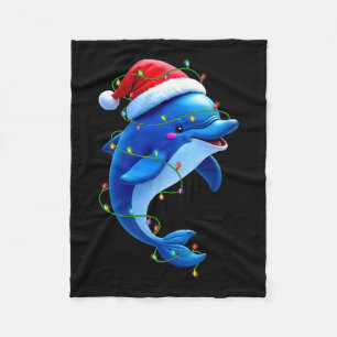 Funny Dolphin Santa Hat Christmas Tree Lights Xmas Fleece Blanket