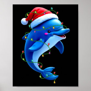 Funny Dolphin Santa Hat Christmas Tree Lights Xmas Poster