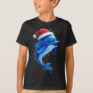 Funny Dolphin Santa Hat Christmas Tree Lights Xmas T-Shirt