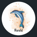 funny dolphins water color style classic round sticker<br><div class="desc">This happy vlue dolphin is part of my exclusive Oceanic collection, which brings you closer to the beauty of the sea! But that's not all — explore even more exciting ocean designs in our selection, including crabs, jellyfish and sea turtles. I hand drawed the whole ocean collection for a birthday...</div>