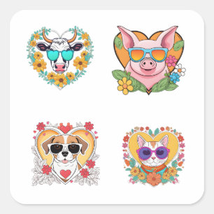 Funny Domestic Animals Cartoon Art 4 Pack Stickers