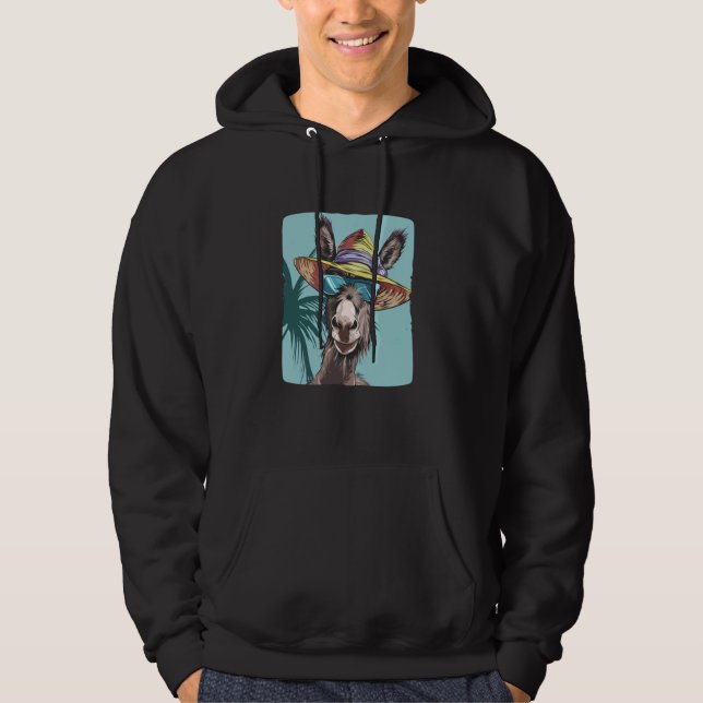 Funny Donkey Face with Sunglasses and Beach Hat Hoodie (Front)