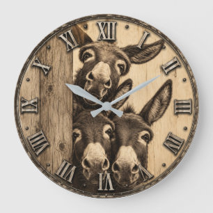 Funny Donkey Trio Rustic Farm Animal Vintage Barn Large Clock