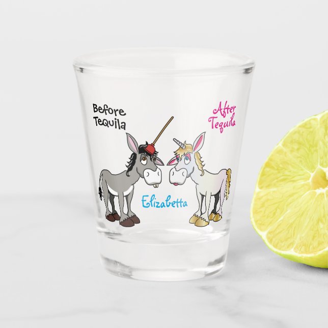 Funny Donkey Unicorn Before and After Shot Glass (Front)