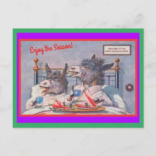 Funny Donkeys Breakfast in Bed Season's Greetings Postcard (Front)