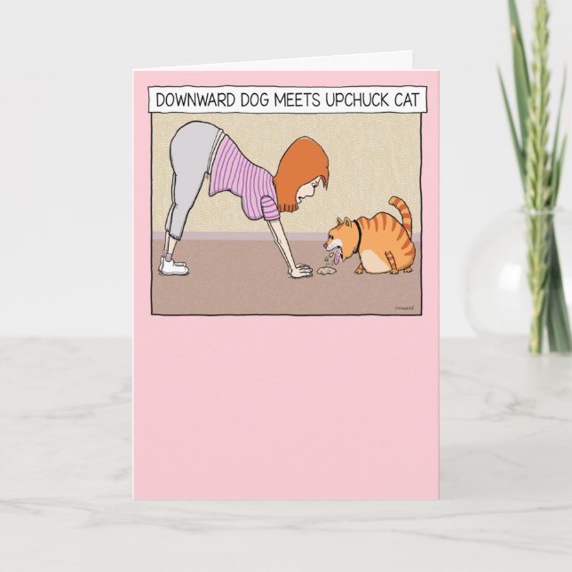 Funny Downward Dog Meets Upchuck Cat Birthday Card (Front)