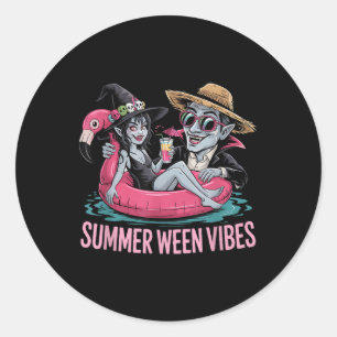 Funny Dracula And Witch Float Halloween Summer Wee Classic Round Sticker