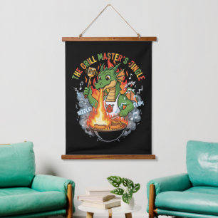 Funny Dragon Grill Master BBQ & Grilling Cartoon Hanging Tapestry