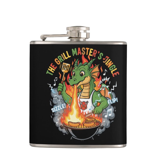  Funny Dragon Grill Master BBQ & Grilling Cartoon Hip Flask (Front)