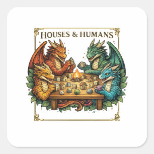 Funny Dragon Houses and Humans Fantasy Art Square Sticker