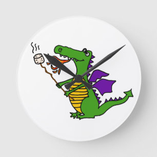 Funny Dragon Roasting Marshmallows Cartoon Round Clock